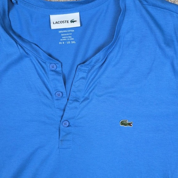 Lacoste Mens 3XL Blue Pima Cotton Regular Fit Button Henley T-Shirt - Picture 3 of 5